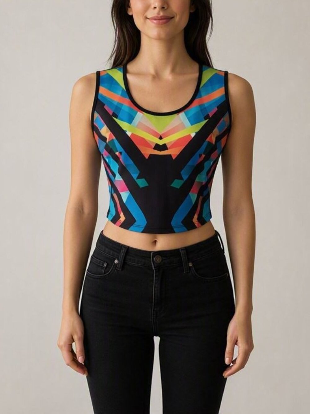 MADRAG Sleeveless Abstract Multicolor Geometric Athletic Crop Top - fits M